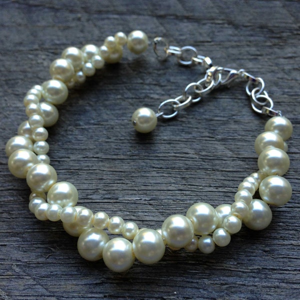 Ivory Pearl Bracelet Twisted Clusters on Silver or Gold Chain - Wedding, Bridal, Prom, Birthday Gift