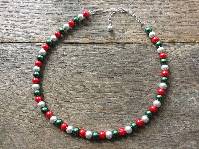 Christmas Jewelry Set, Silver Red Green Pearl Necklace Set, Christmas Jewelry, Xmas set, Xmas Jewelry on Silver Chain image 4