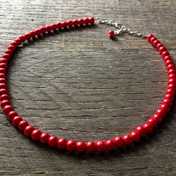 Red Flower Girl Necklace, Simple Pearl Necklace, Choker or Long Necklace, Sautoir, Flower Girl Jewelry Gift on Silver or Gold Chain