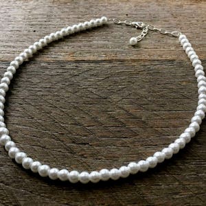 Men&#39;s Pearl Necklace, 6mm White Pearl Choker with Adjustable 2&quot; Extender Chain