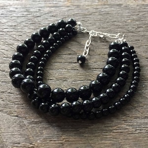 Black Pearl Bracelet Cuff Multi Strand Bridal Drape Bracelet on Silver or Gold Chain