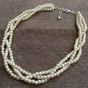 Cream Ivory Pearl Necklace Bracelet Bridal Set Braided Bridesmaid Set Pearl on Silver or Gold Chain image 2