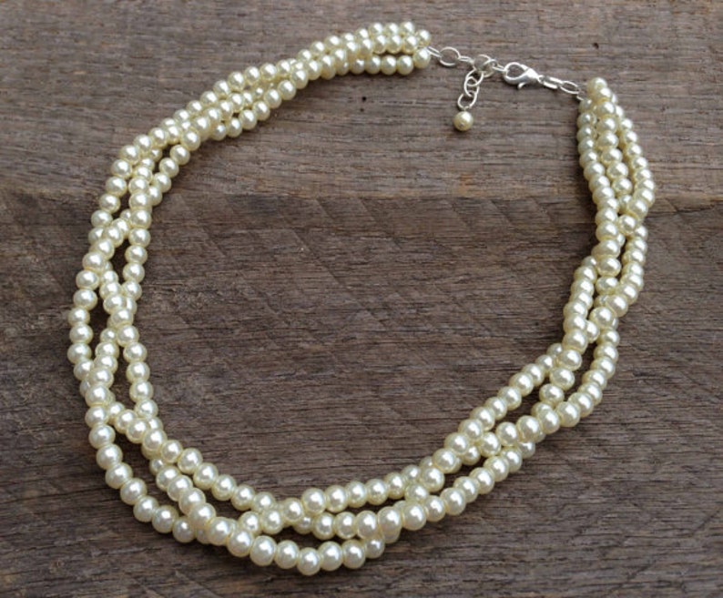 Cream Ivory Pearl Necklace Bracelet Bridal Set Braided Bridesmaid Set Pearl on Silver or Gold Chain image 2