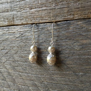 Champagne Pearl Earrings Bridal Earrings Filigree Petal Dangle Drop Pendant Earrings on Silver or Gold Hook image 2