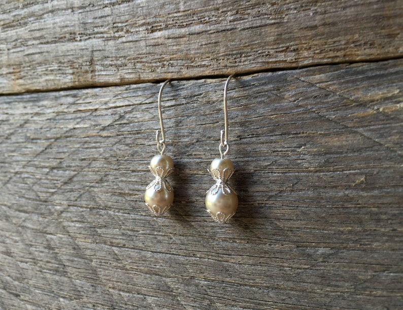 Champagne Pearl Earrings Bridal Earrings Filigree Petal Dangle Drop Pendant Earrings on Silver or Gold Hook image 2
