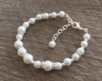 White Pearl Bracelet, Crystal Rondelle, Bridal and Bridesmaids Gifts, Mother of the Bride or Groom Gift For Her