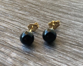 14kt Gold Black Pearl Stud Earrings, Sterling Silver Faux Pearl Post Earrings