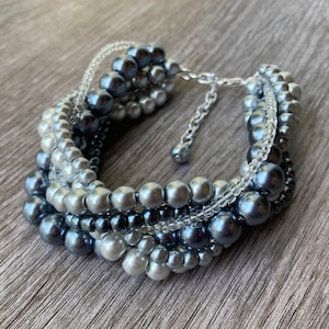 Pearl Statement Bracelet, Silver Grey Multi Strand Bracelet, Chunky Braided on Silver Chain