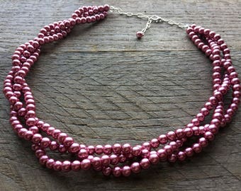 Rose Pink Pearl Necklace, Multi Strand Braided Necklace, Adjustable