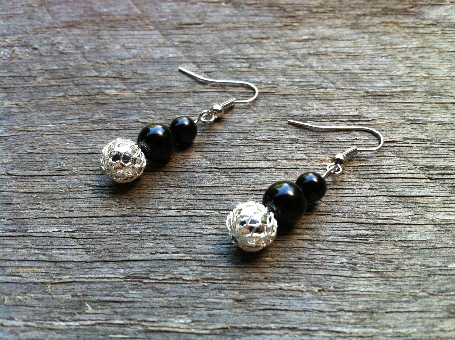 Silver Black Earrings Glass Pearl on French Wire Hook | Etsy
