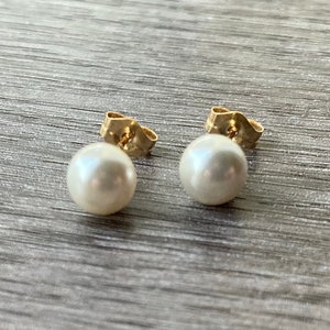 14kt Gold Pearl Stud Earrings, Sterling Silver Faux Pearl Post Earrings image 1