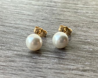 14kt Gold Pearl Stud Earrings, Sterling Silver Faux Pearl Post Earrings