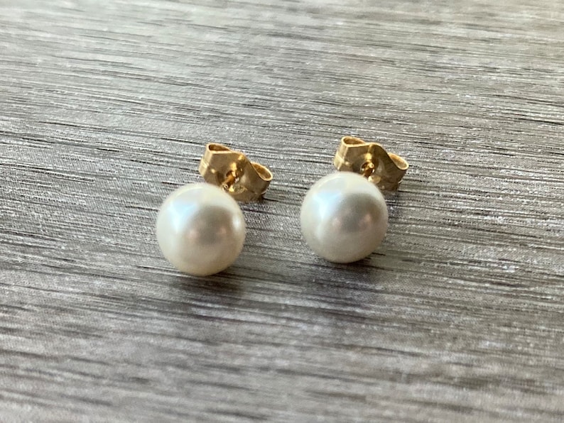 14kt Gold Pearl Stud Earrings, Sterling Silver Faux Pearl Post Earrings image 1