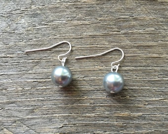 Pewter Pearl Earrings Bridal Earrings Single Pearl on Silver or Gold French Wire Hook