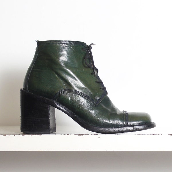 90s green leather squared lace up chunk heel ankle boots 38