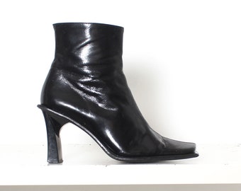 y2k black patent leather square toe ankle boots 37