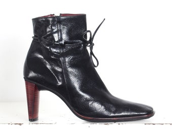 y2k black leather tie ankle boots 39