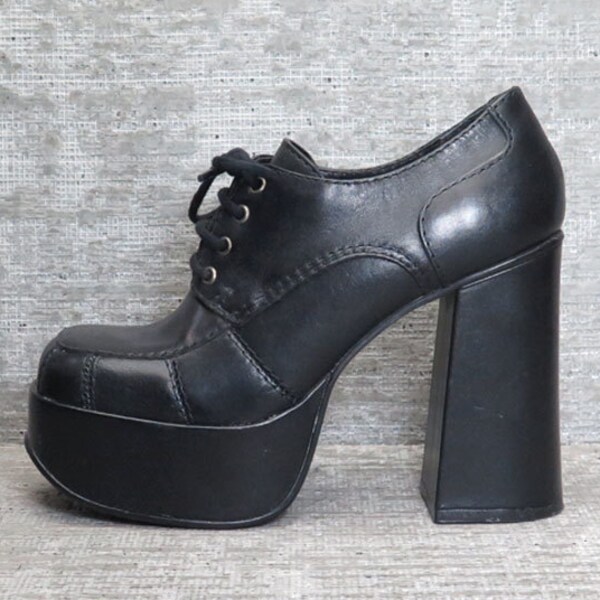 Vtg 90s Black Leather Platform Chunky Heel Lace up Oxford Shoes 6.5