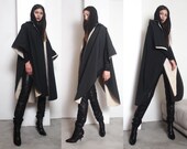 80s black beige cape raincoat os