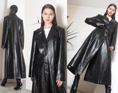 90s black floor length pvc pleather futuristic coat