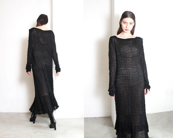 antique black knit crochet maxi dress - image 4