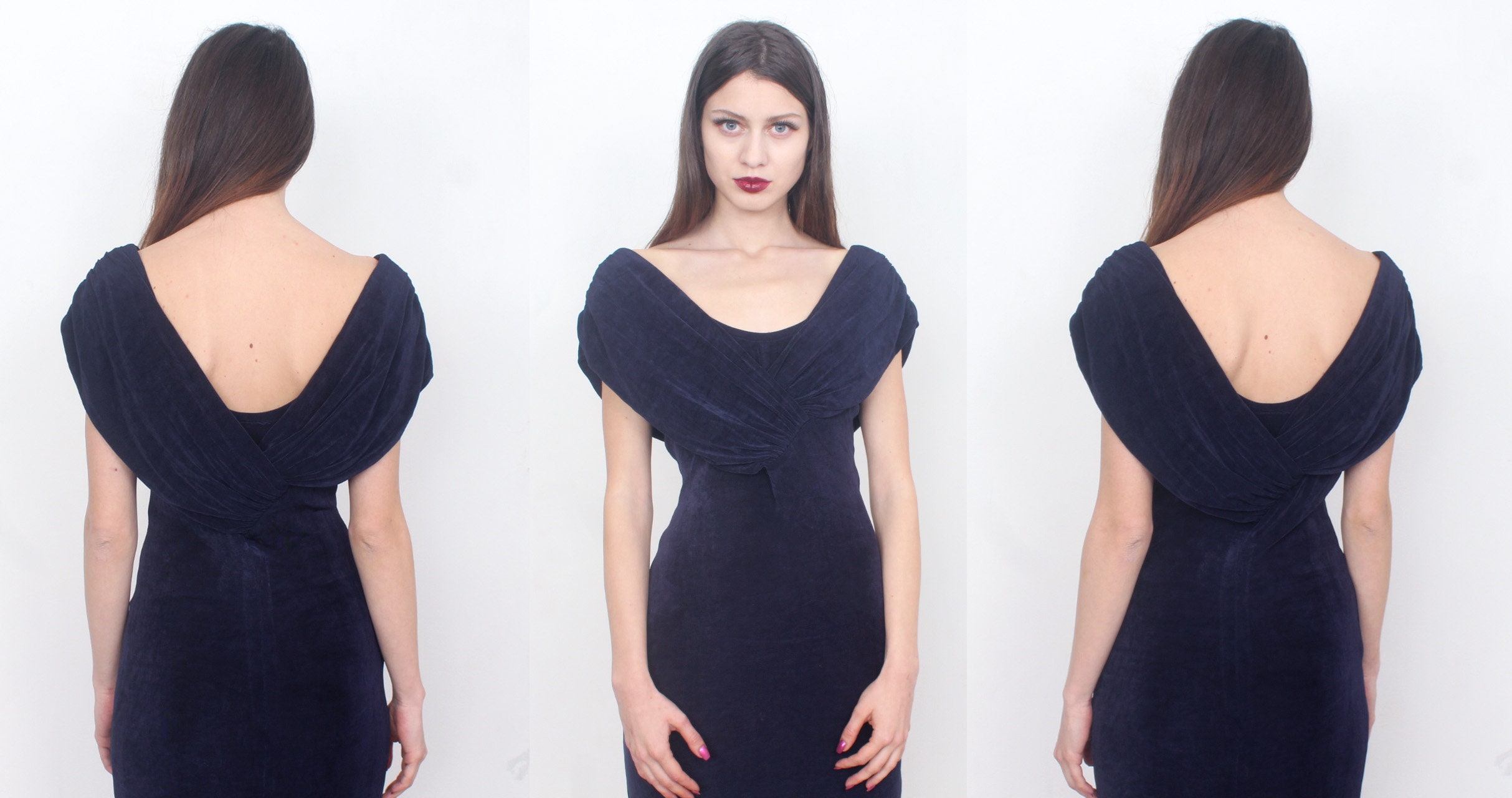 Navy Heavily Draped Elasticized Midi Dress Etsy