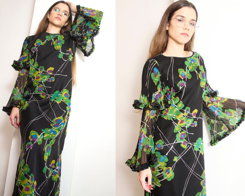 70s Floral Angel Sleeve Maxi Dress - Etsy