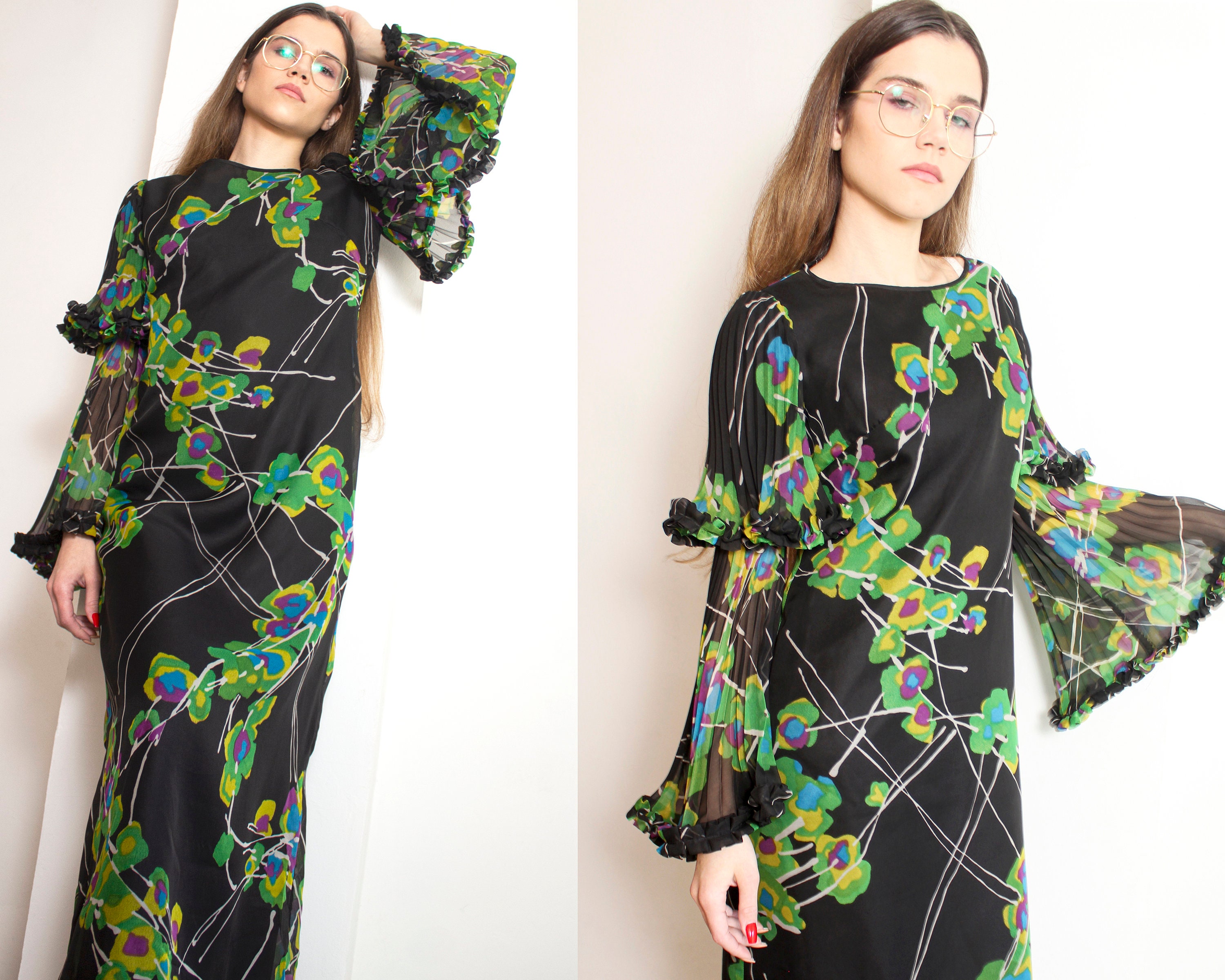 70s Floral Angel Sleeve Maxi Dress - Etsy
