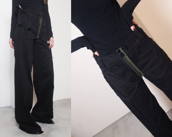 y2k black deconstructed raw palazzo pants