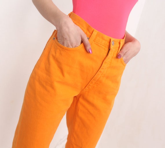 90s neon orange high waist jeans - image 6