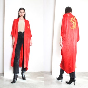 Red satin shop duster