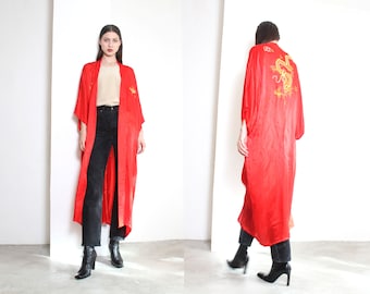 red silk embroidered dragon kimono robe duster
