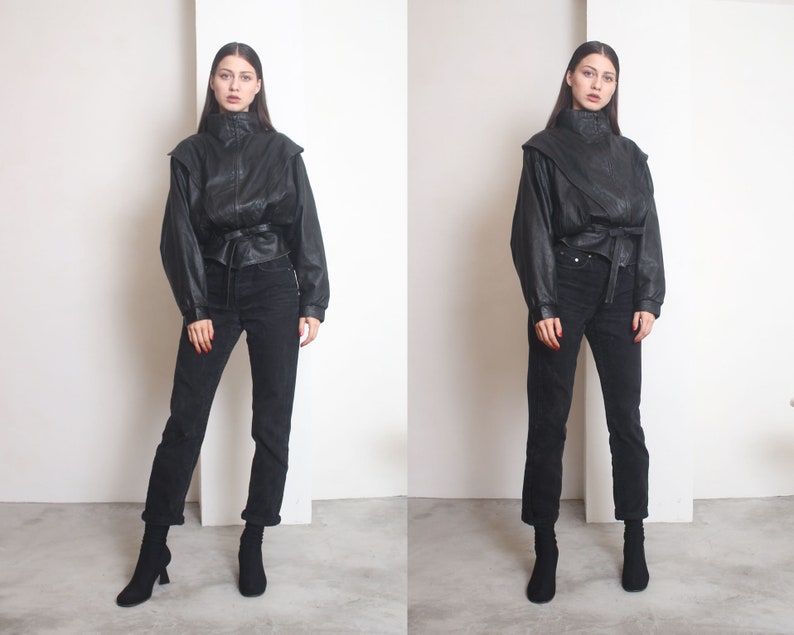 80s black futuristic avant garde batwing bomber jacket
