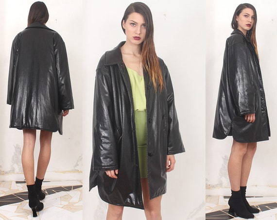 90s black pvc snake skin oversized pleather coat