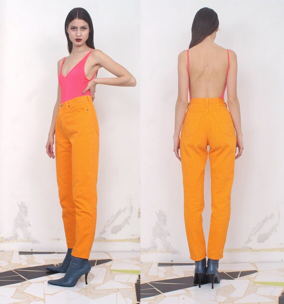 90s neon orange high waist jeans - image 4