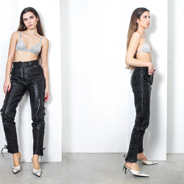 y2k black leather lace up side motorcycle pants