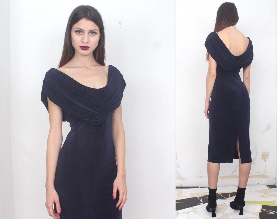 Navy Heavily Draped Elasticized Midi Dress Etsy