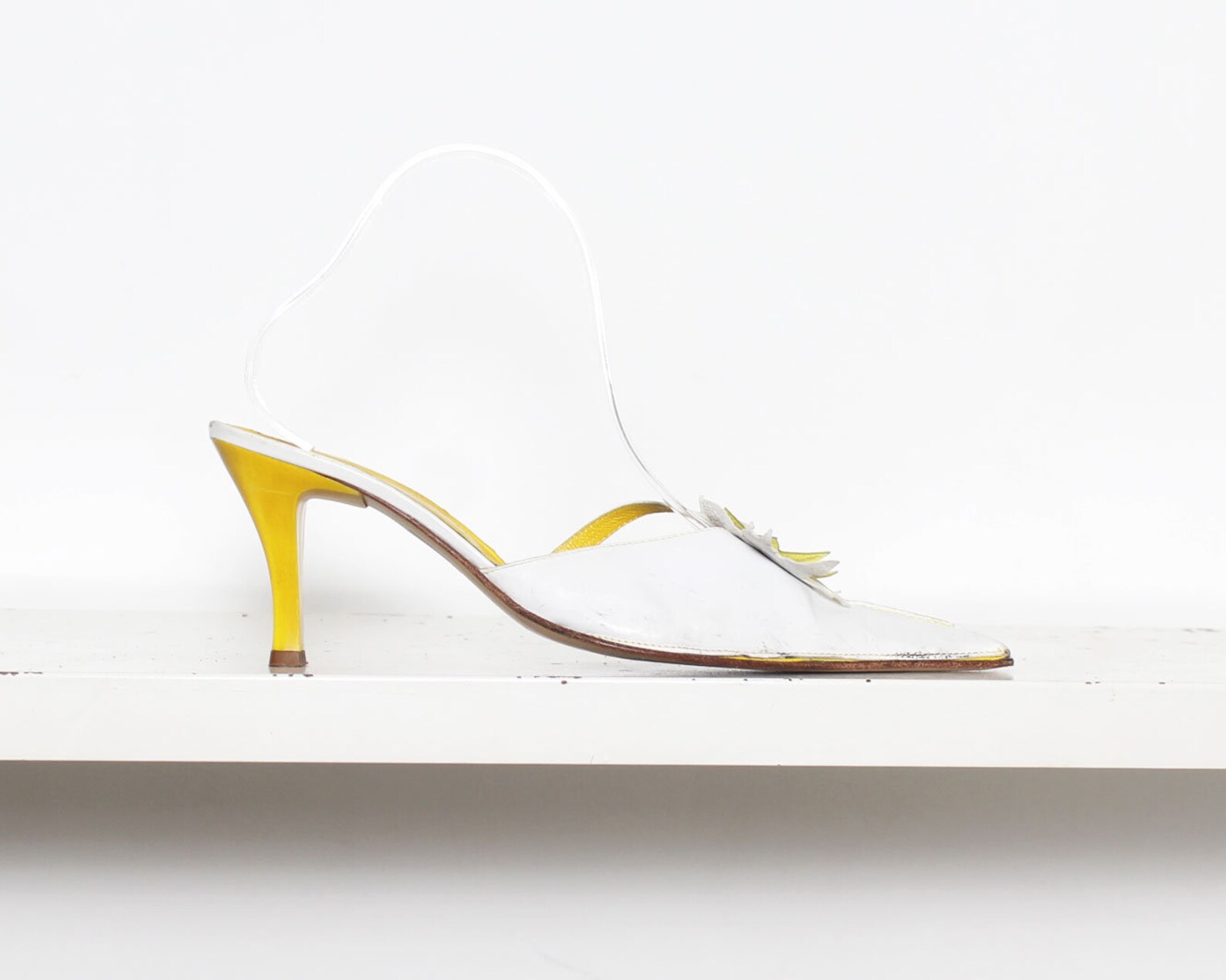 00s Y2k White Flower Leather Yellow Heel Mules 39 Etsy