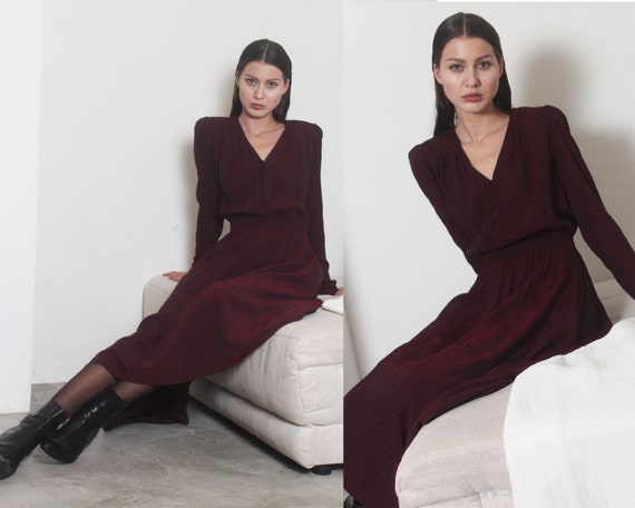 40s art deco jaquard puff sleeve draped midi dress