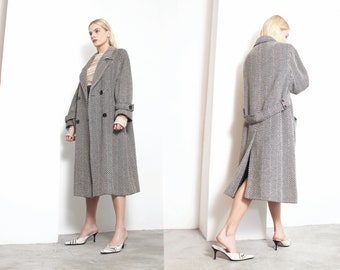 black white wool herringbone midi coat m/l