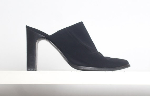 y2k black neoprene square toe wood stacked mules 3