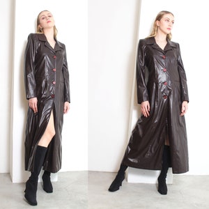 y2k 00s mahogany vinyl floor length futuristic maxi coat