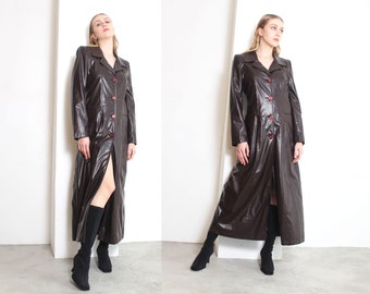 y2k 00s mahogany vinyl floor length futuristic maxi coat