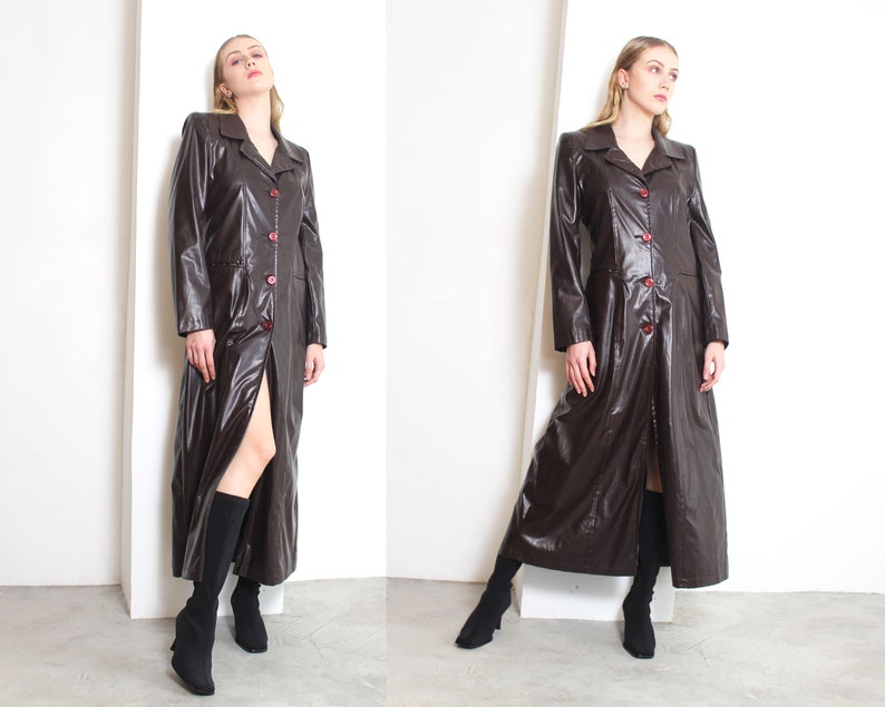 y2k 00s mahogany vinyl floor length futuristic maxi coat image 1