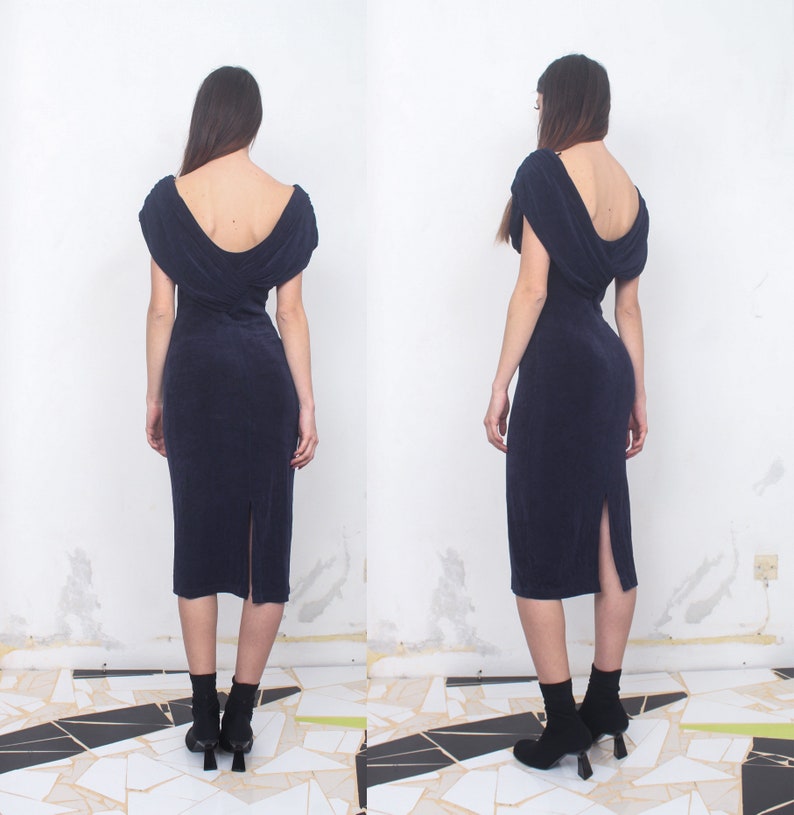 Navy Heavily Draped Elasticized Midi Dress Etsy