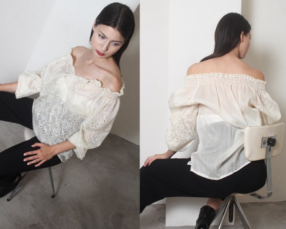 70s sheer organza floral embroidered boho top m