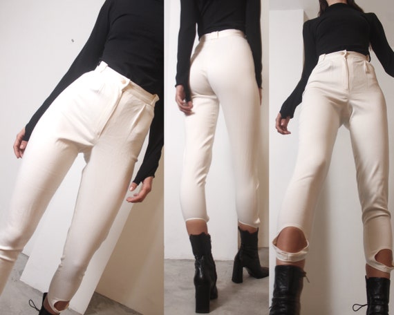 90s ivory denim high waist stirrup jeans leggings… - image 3