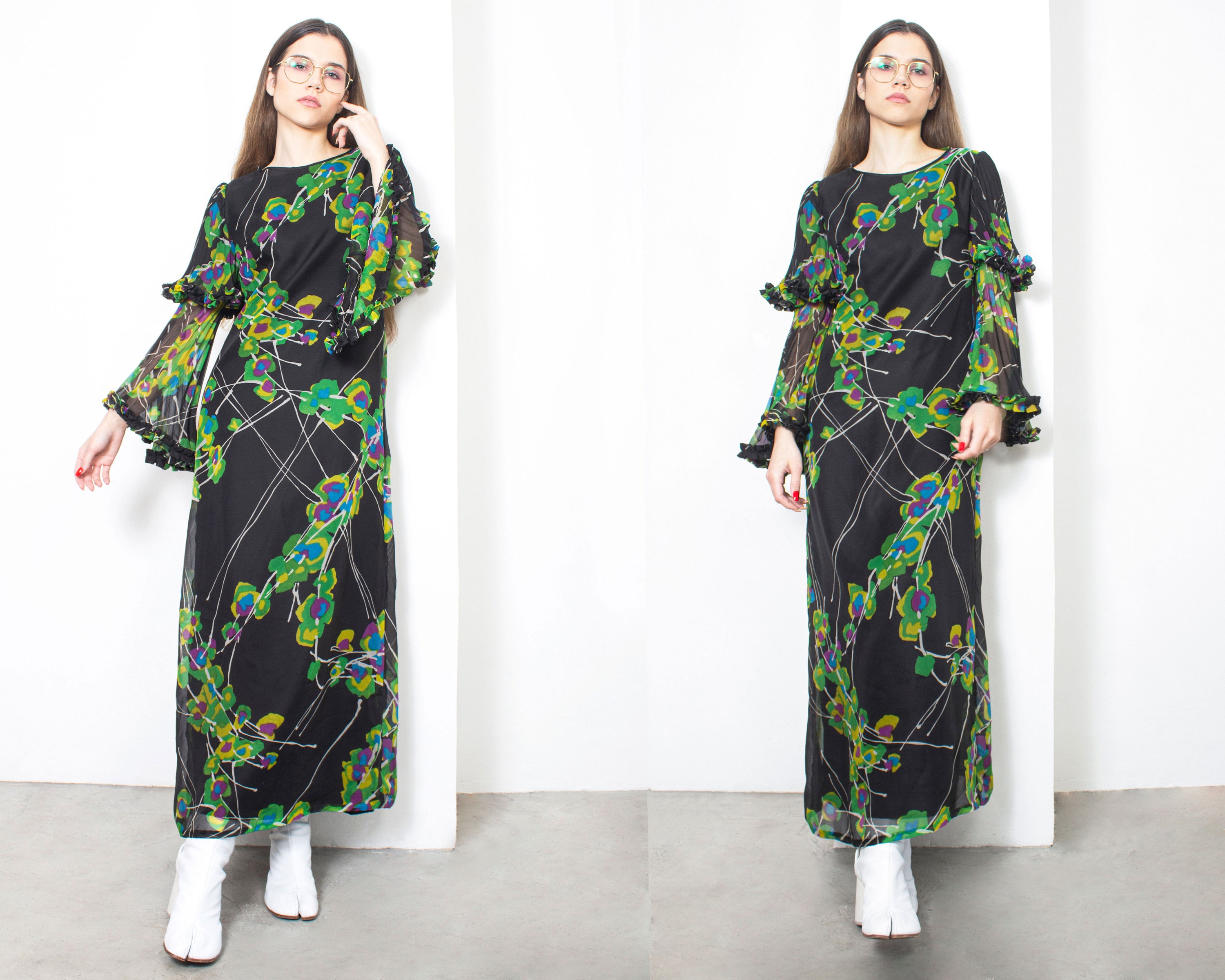 70s Floral Angel Sleeve Maxi Dress - Etsy