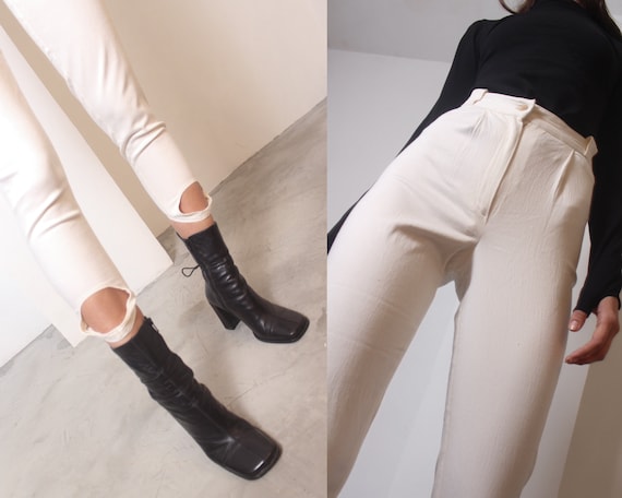 90s ivory denim high waist stirrup jeans leggings… - image 4