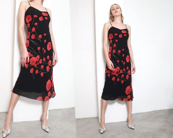 black poppy floral print midi dress